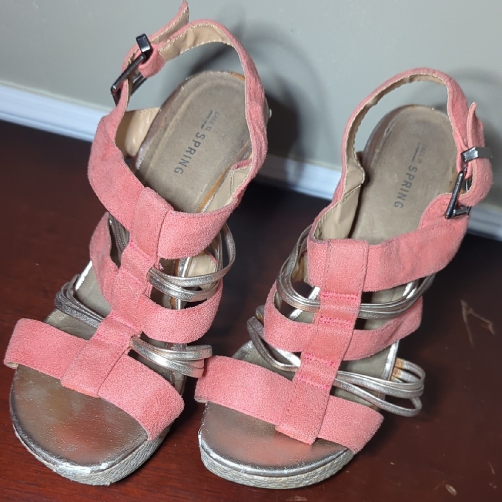 Call It Spring Pink and Silver Wedge Sandals
